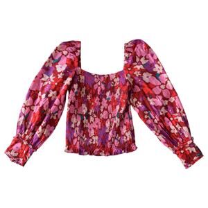 Free People Smocked Pink Floral Puff Sleeve Top (Size Small)